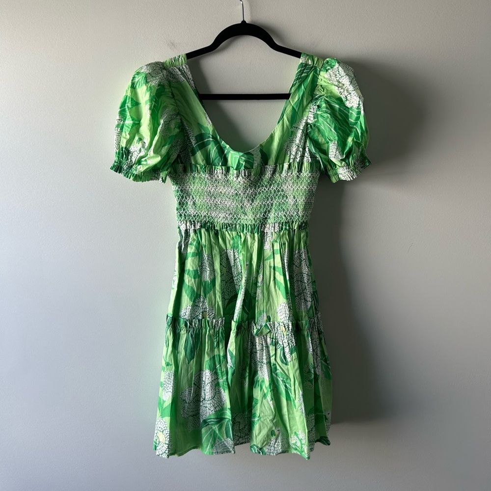 Farm Rio green and white printed short sleeve cotton dress